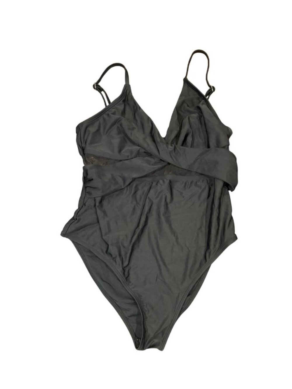 Black One Piece Swimsuit Ruched Mesh Waist Adjustable Straps Women's SZ L